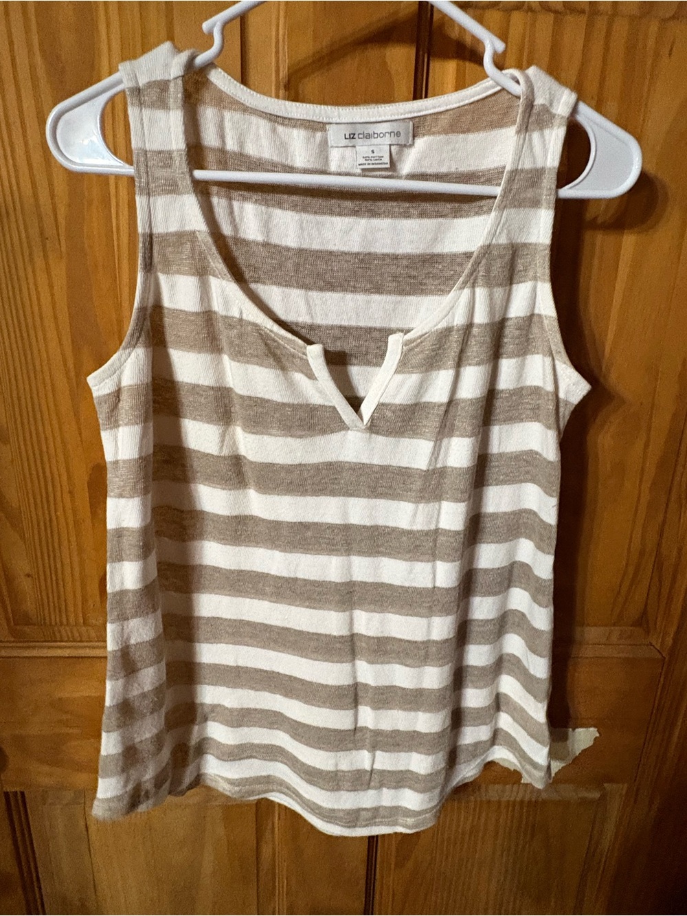 Liz Claiborne Tan and Cream Striped V-Notch Tank